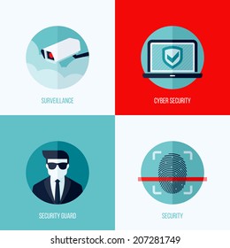 Modern flat vector concepts of security and  surveillance. Icons set for websites, mobile apps and printed materials