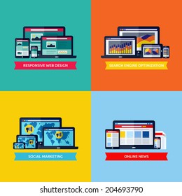 Modern flat vector concepts of web design, SEO, social media marketing, online news. Design elements set for websites, mobile apps and printed materials