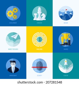 Modern flat vector concepts for websites, mobile apps and printed materials. Icons of development, strategy, mission, market research, challenge, awards, management, startup, security