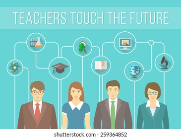 Modern flat vector conceptual banner of a teaching staff with education icons. Group of young teachers, men and women with symbols of various school subjects. Infographics design element