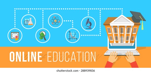 Modern flat vector conceptual horizontal illustration of online education using computer. Internet courses and e-learning training by laptop. Infographics element with human hands and school icons