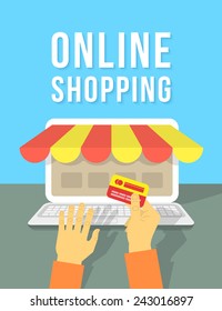 Modern flat vector conceptual illustration of an online payment in the Internet shop by a credit card using a laptop. Concept of e-commerce and online shopping.