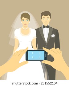 Modern flat vector conceptual illustration of taking a wedding photo of bride and groom by mobile phone. Snapshot for memory of happy newlyweds