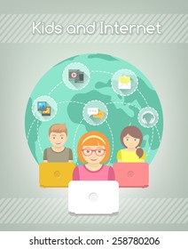 Modern flat vector conceptual illustration of kids with computers that share multimedia information on the Internet. Social media communication concept.