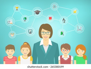 Modern flat vector conceptual illustration of woman teacher and pupils with school icons and concepts. Boys and girls in bright clothes. Kids infographics element