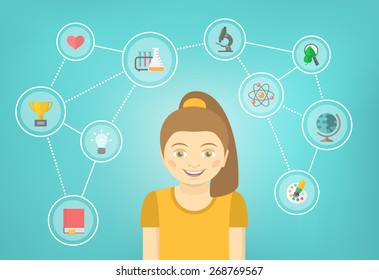 Modern flat vector conceptual illustration of a girl with icons of her different educational interests. Early intellectual development concept. School infographics