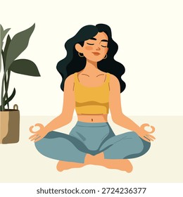 Ilustração de design de vetor plano moderno de uma mulher meditando em uma pose de lotus ioga. Atenção plena, relaxamento, equilíbrio emocional, conceito de alívio do estresse.