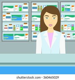 Modern flat vector female pharmacist blue tinted background. 