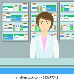 Modern flat vector female pharmacist blue tinted background