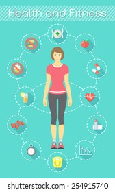 Modern flat vector fitness infographics element. Slim girl in sportswear with conceptual icons of shaping and healthy life