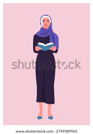 Modern flat vector full-length illustration of a senior Muslim woman wearing a purple hijab and a modest dark dress, standing and reading a book. Learning, Islamic culture, wisdom, religion, and diversity