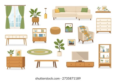 Modern flat vector furniture set with cozy living room elements. Sofa, armchair, shelves, plants, decor and accessories isolated on white background for interior design projects.
