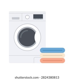 A modern flat vector graphic featuring an automatic front-loading washing machine standing next to a stack of folded towels, ideal for laundry service promotion, laundromat app icons, appliance store banners, and domestic cleaning graphics