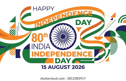 Modern flat vector graphic illustration celebrating the eightieth Indian independence day with vibrant tricolor ribbons and symbolic ashoka chakra wheel