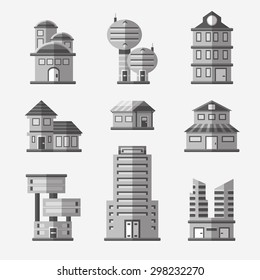 Modern flat vector gray buildings collection