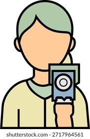 Moderno ícone vetorial plano de um avatar de personagem feminino segurando uma câmera. Perfeito para portfólios de fotografia, perfis de mídias sociais, bios de fotógrafos e representações de usuários da indústria criativa