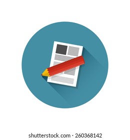 Modern flat vector icon, illustration of paper sheet and pencil in stylish retro colors. Notebook and pencil icon with long shadow.Isolated on white background. For web design and applications