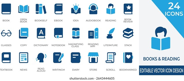 Modern flat vector icon set featuring books, e-readers, bookmarks, and reading accessories. Perfect for educational platforms, libraries, digital publishing, and reading apps.