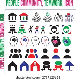 A modern flat vector icon set featuring people, community, teamwork, social interaction, and psychology concepts. This collection includes human avatars, group symbols, mind and brain illustrations, leadership, cooperation, and communication icons. Perfect for websites, mobile apps, presentations, infographics, UI UX design, education, and social projects. Clean, minimal, and fully editable vector design.