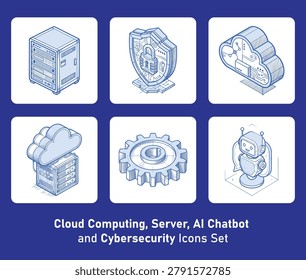 Modern flat vector icon set featuring cloud computing, server infrastructure, AI chatbot technology, cybersecurity padlock, automation gear, cloud storage, and digital network concepts. Ideal for SaaS platforms, IT services, web applications, dashboards, presentations, and technology-related projects, mimicking a technical pen sketch on white paper.