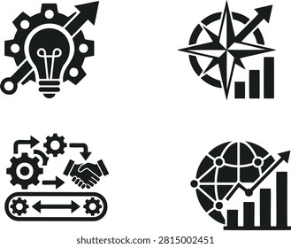 Modern flat vector icon set featuring business strategy, innovation, leadership, global growth, analytics, teamwork, and process optimization concepts. Includes idea with gear, compass with growth chart, workflow handshake, and global analytics symbols. Perfect for business presentations, startup branding, corporate reports, dashboards, websites, mobile apps, infographics, and marketing materials. #BusinessStrategy #BusinessGrowth #Innovation #Leadership #Startup #GrowthStrategy #BusinessDevelopment #Analytics #GlobalBusiness #Teamwork #Partnership #Workflow #ProcessAutomation #Productivity #Management #Corporate #Success #FlatVector #GlyphIcons #VectorIllustration #EditableVector #UIIcons #Infographic #BusinessIcons #StrategicPlanning