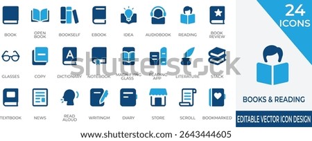 Modern flat vector icon set featuring books, e-readers, bookmarks, and reading accessories. Perfect for educational platforms, libraries, digital publishing, and reading apps.
