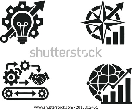 Modern flat vector icon set featuring business strategy, innovation, leadership, global growth, analytics, teamwork, and process optimization concepts. Includes idea with gear, compass with growth chart, workflow handshake, and global analytics symbols. Perfect for business presentations, startup branding, corporate reports, dashboards, websites, mobile apps, infographics, and marketing materials. #BusinessStrategy #BusinessGrowth #Innovation #Leadership #Startup #GrowthStrategy #BusinessDevelopment #Analytics #GlobalBusiness #Teamwork #Partnership #Workflow #ProcessAutomation #Productivity #Management #Corporate #Success #FlatVector #GlyphIcons #VectorIllustration #EditableVector #UIIcons #Infographic #BusinessIcons #StrategicPlanning