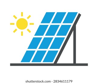 Modern flat vector icon showing a solar panel with sunlight, representing photovoltaic power generation and renewable energy. Clean geometric design suitable for solar technology, sustainability, green electricity, energy infrastructure, and environmental concepts.
