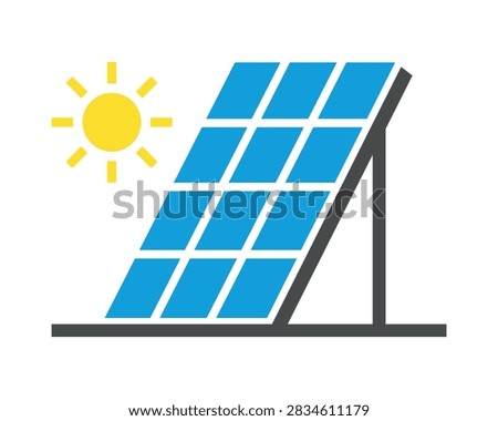 Modern flat vector icon showing a solar panel with sunlight, representing photovoltaic power generation and renewable energy. Clean geometric design suitable for solar technology, sustainability, green electricity, energy infrastructure, and environmental concepts.