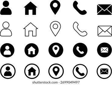 Iconos planos modernos del vector para el contacto y la comunicación, incluyendo el usuario, el hogar, la ubicación, el teléfono, y los símbolos del email. Perfecto para Web, App y proyectos de diseño de negocios