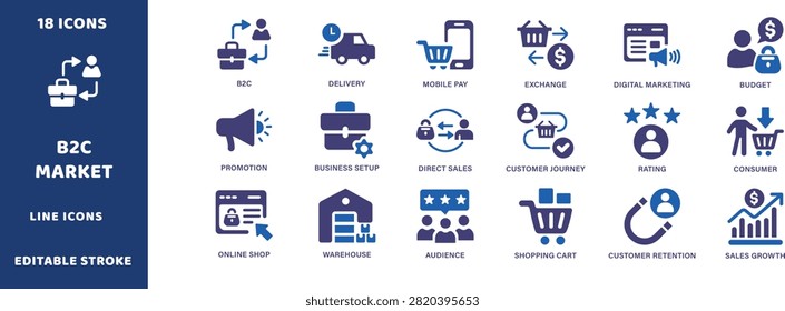 Modern flat vector icons depicting digital B2C ecommerce workflow including exchange, marketing, and delivery for web, app, and presentation designs.