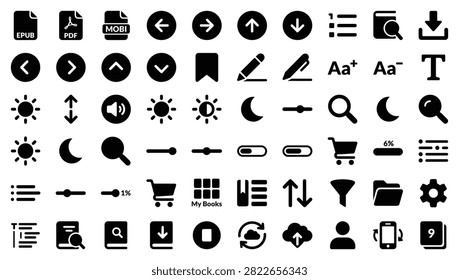 Modern flat vector icons for digital publishing, e-books, and file formats.