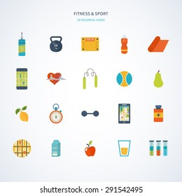 Modern flat vector icons of healthy lifestyle, fitness and physical activity. Diet, exercising in the gym, training equipment and clothing. Wellness icons for website and mobile application