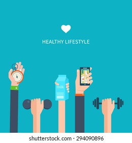 Modern flat vector icons of healthy lifestyle, fitness and physical activity. Diet, exercising in the gym, training equipment and mobile application