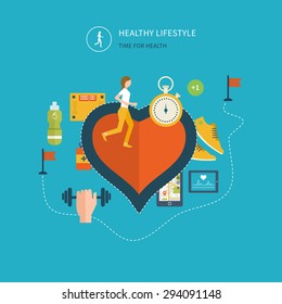 Modern flat vector icons of healthy lifestyle, fitness and physical activity. Healthy lifestyle concept. Vector mobile phone - fitness app concept on touchscreen. 