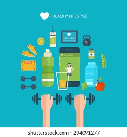 Modern flat vector icons of healthy lifestyle, fitness and physical activity. Diet, exercising in the gym, training equipment and clothing. Wellness icons for website and mobile application