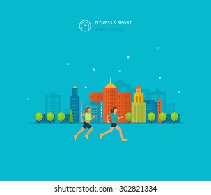 Modern flat vector icons of healthy lifestyle, fitness and physical activity. Healthy lifestyle concept. 