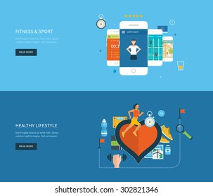 Modern flat vector icons of healthy lifestyle, fitness and physical activity. Healthy lifestyle concept. Vector mobile phone - fitness app concept on touchscreen. 