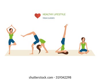 Modern flat vector icons of healthy lifestyle, fitness and physical activity. Women yoga. 