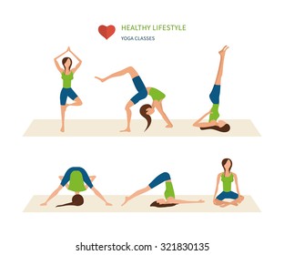 Modern flat vector icons of healthy lifestyle, fitness and physical activity. Yoga set. 