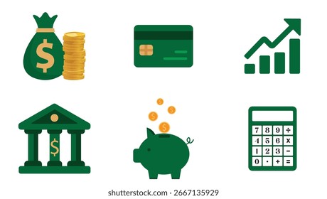 Ícones de vetor planos modernos definidos para conceitos de negócios, bancos, dinheiro, economia e investimento. Perfeito para apresentações financeiras, infográficos e plataformas digitais.