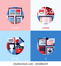 Modern flat vector icons of web design, 3D printing, social media, SEO. Creative concepts for websites, mobile apps and printed materials