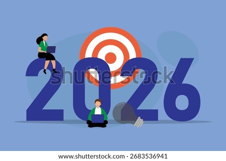 Modern flat vector illustration of 2026 typography with people characters, teamwork concept, and business target idea. Perfect for greeting cards, business goals, posters, banners.