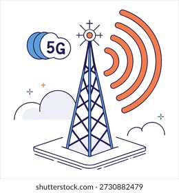 Ilustración vectorial plana moderna de la torre de red celular 5G que transmite ondas de señal inalámbricas. Concepto de Internet de alta velocidad, tecnología de comunicación móvil y conectividad digital. Aislado sobre fondo blanco.