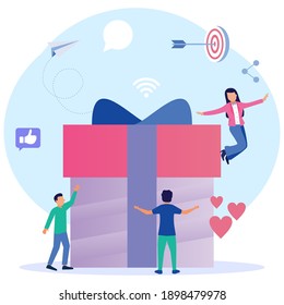 Modern flat vector illustration for advertisement. Landing page template with happy internet retail customer and gift box. Online store promotions or store loyalty programs, bonuses or gifts.