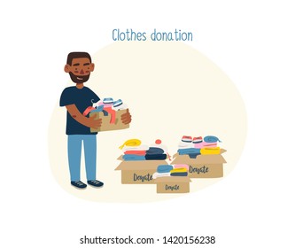 Modern flat vector illustration. african american man holding cardboard boxes with clothing for donation or recycling.