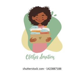 Modern flat vector illustration. African american woman or volunteer holding cardboard box with clothing for donation or recycling.