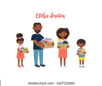 Modern flat vector illustration. African american family or volunteers holding cardboard boxes with clothing for donation or recycling.