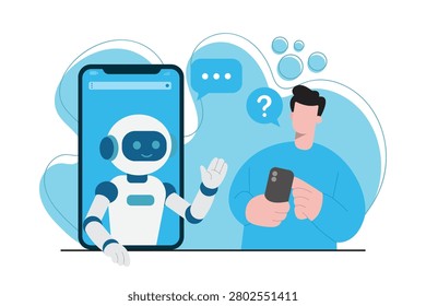 Modern flat vector illustration of an AI chatbot customer support assistant appearing from a smartphone screen while helping a user answer questions.
