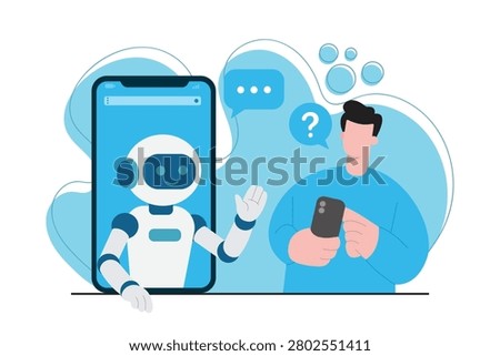 Modern flat vector illustration of an AI chatbot customer support assistant appearing from a smartphone screen while helping a user answer questions.
